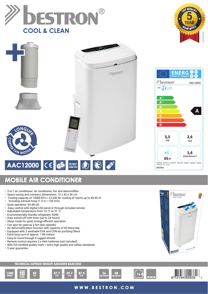 Página 1 del manual Ficha técnica Bestron Cool & Clean AAC12000