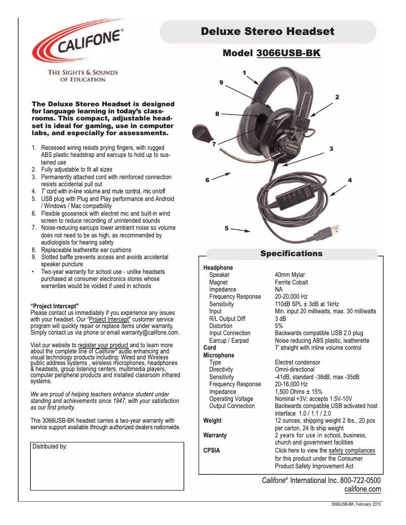 Página 1 del manual Manual de usuario Califone 3066USB-BK