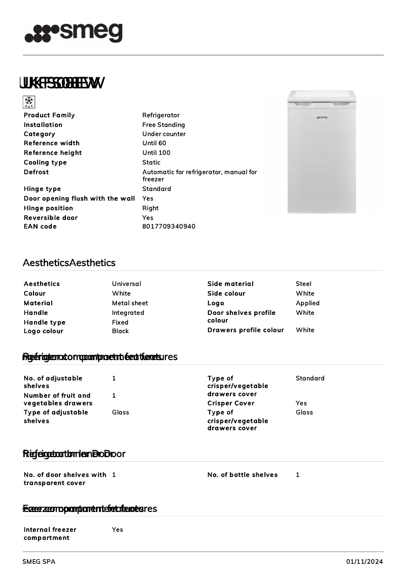 Página 1 del manual Ficha técnica Smeg UKFS08EW