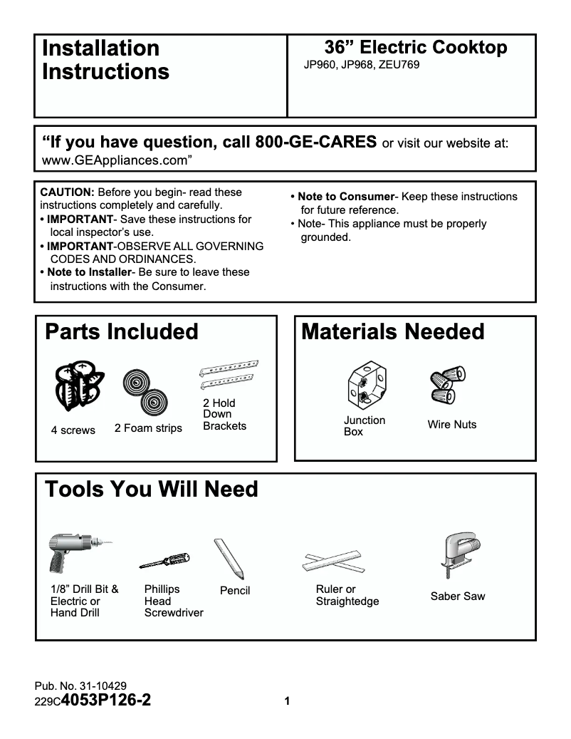 Página 1 del manual Guía de instalación GE Profile Performance JP960TBWW