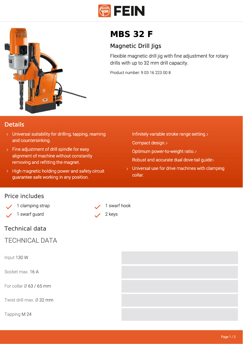 Página 1 del manual Ficha técnica Fein MBS 32 F