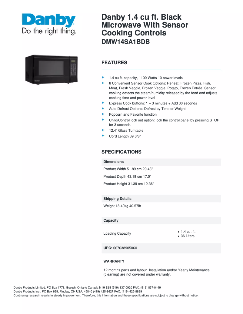 Página 1 del manual Ficha técnica Danby DMW14SA1BDB