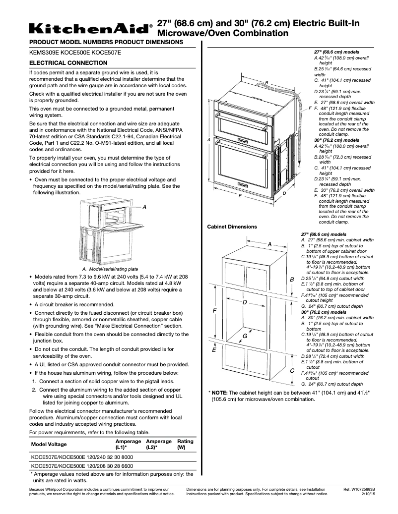 Página 1 del manual Ficha técnica KitchenAid KOCE507EBL