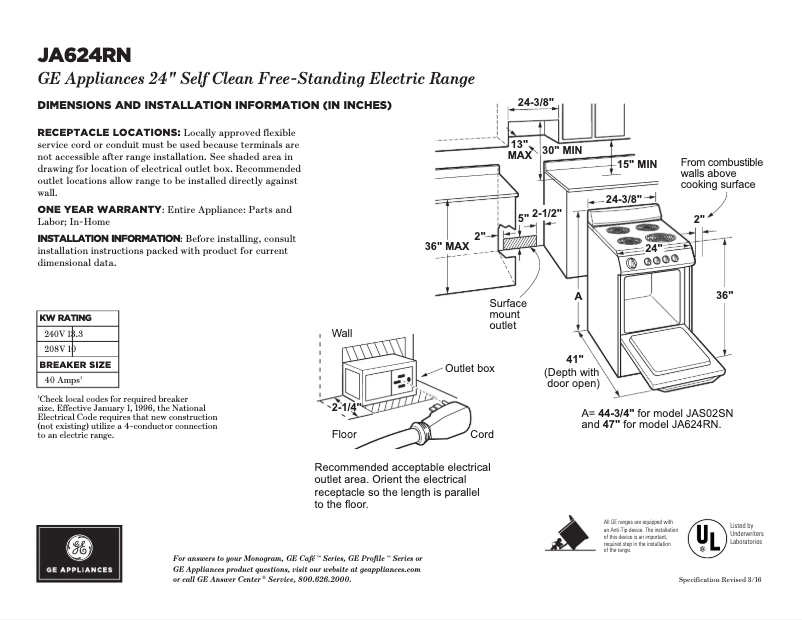 Página 1 del manual Ficha técnica GE JA624RNSS