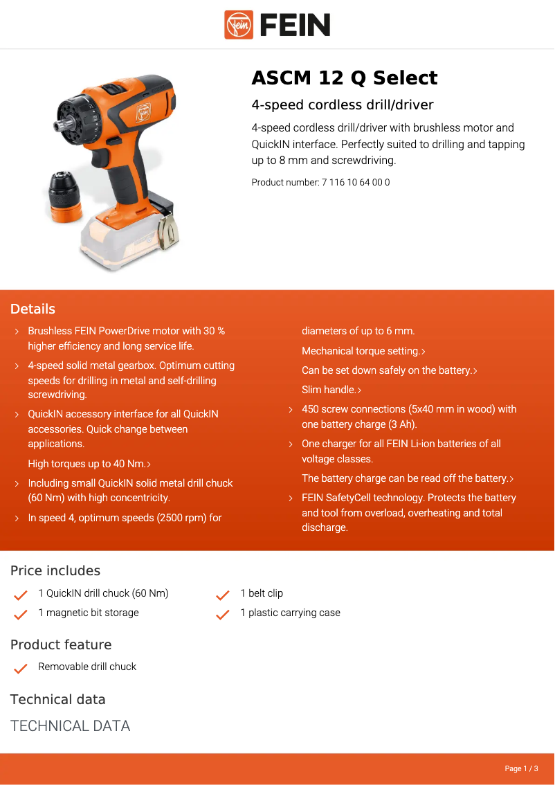 Página 1 del manual Ficha técnica Fein ASCM 12 Q Select