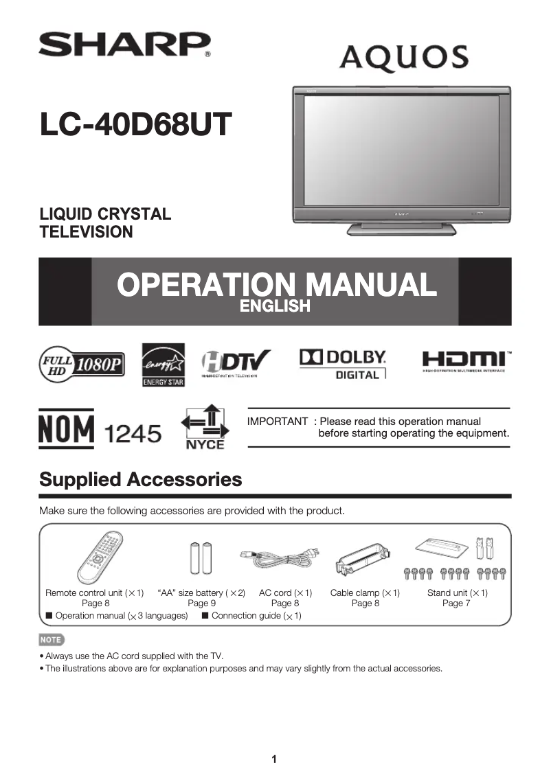 Página 1 del manual Manual de usuario Sharp Aquos LC-40D68UT