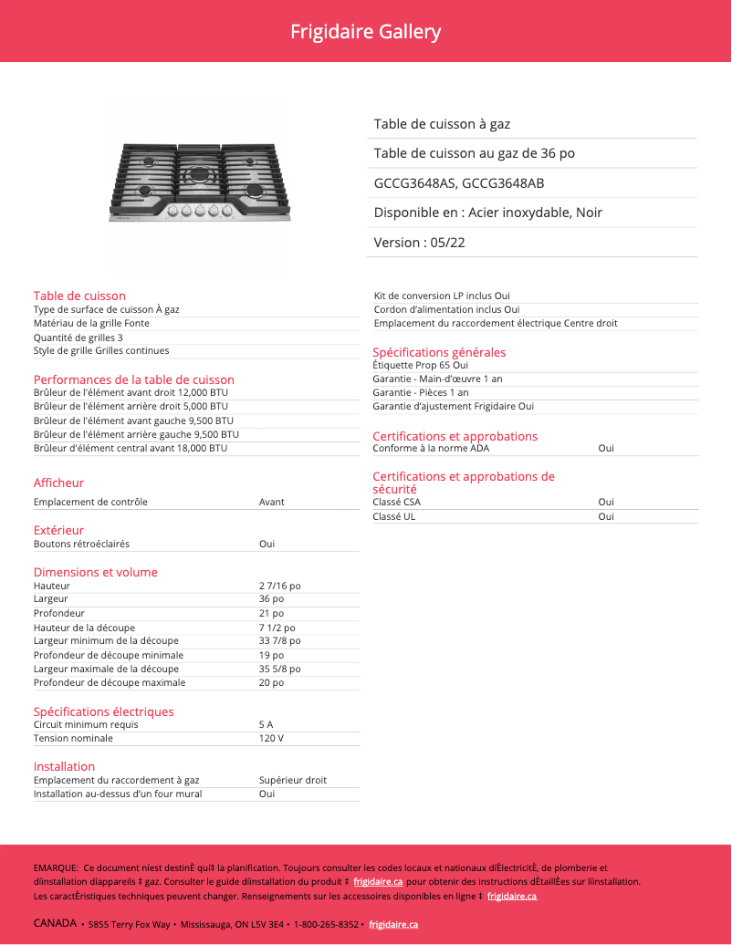 Página 1 del manual Ficha técnica Frigidaire GCCG3648AS