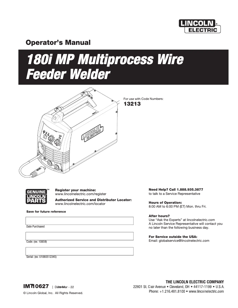 Imagen de la primera página del manual del dispositivo 180i MP Multiprocess Wire Feeder Welder