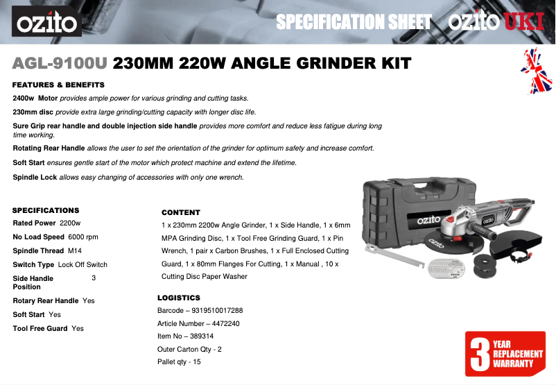 Página 1 del manual Ficha técnica Ozito AGL-9100U