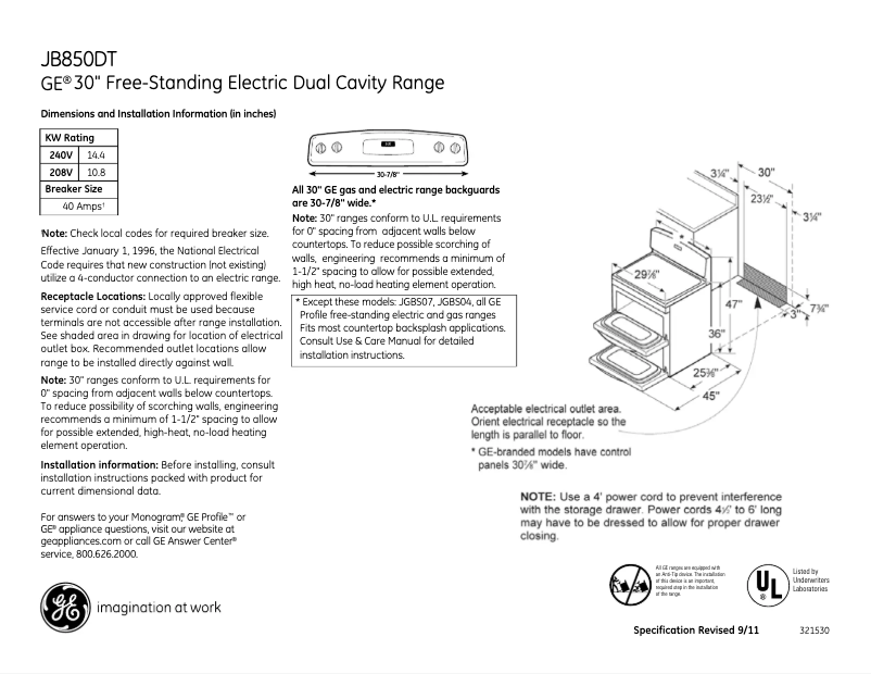 Página 1 del manual Ficha técnica GE JB850DTWW