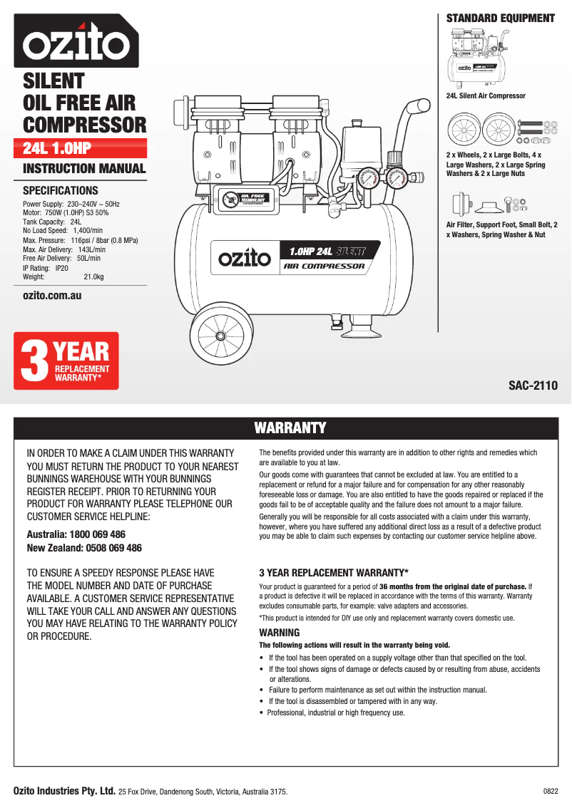 Página 1 del manual Manual de usuario Ozito SAC-2110