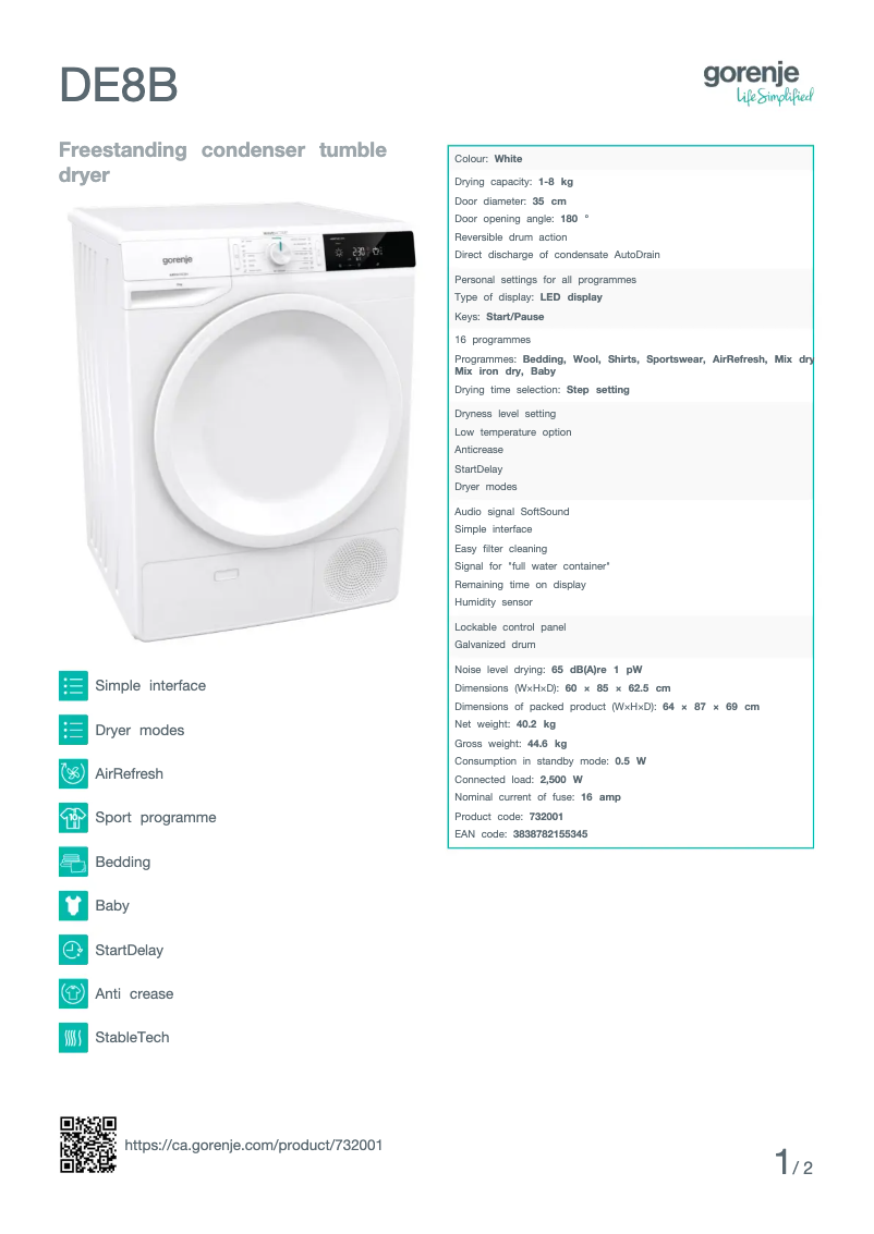 Página 1 del manual Ficha técnica Gorenje DE8B