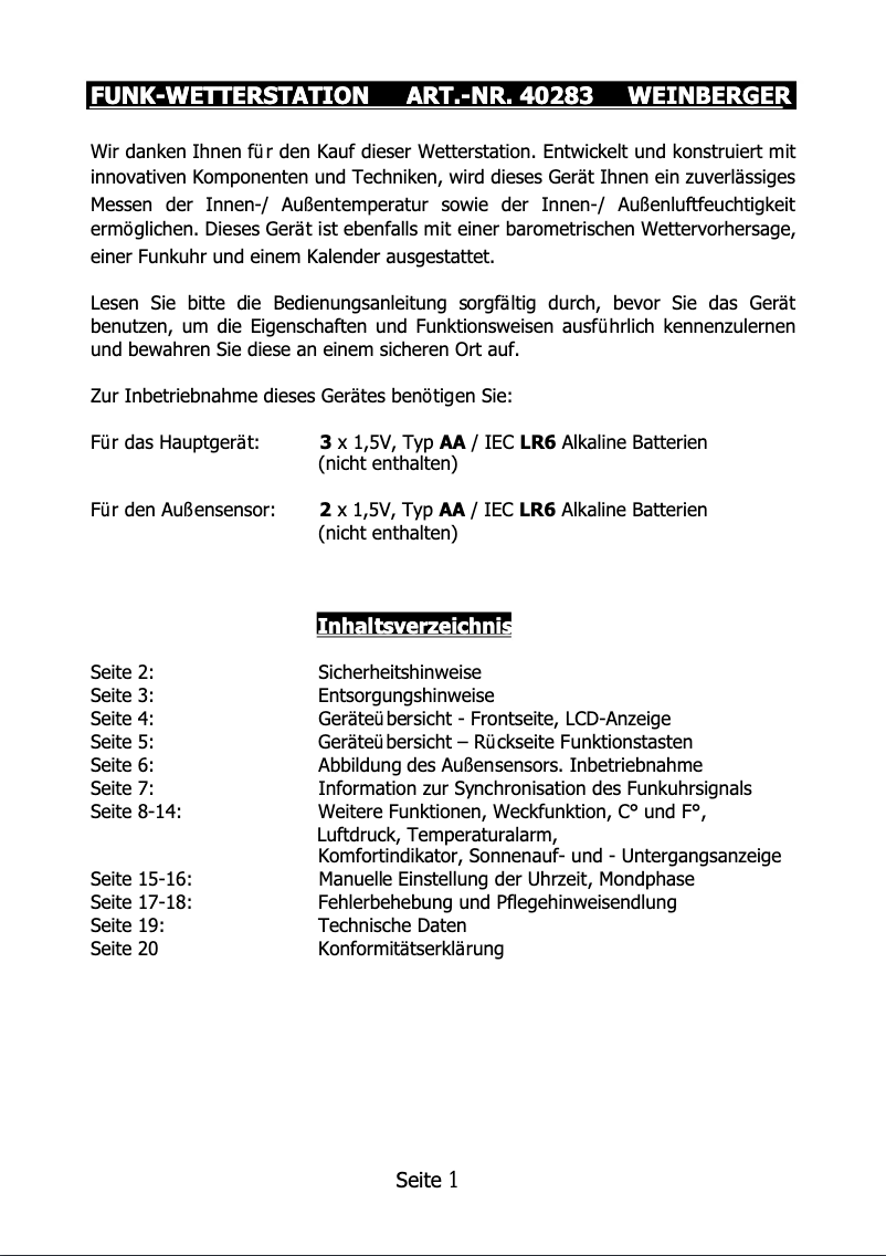 Página 1 del manual Manual de usuario Weinberger 7312