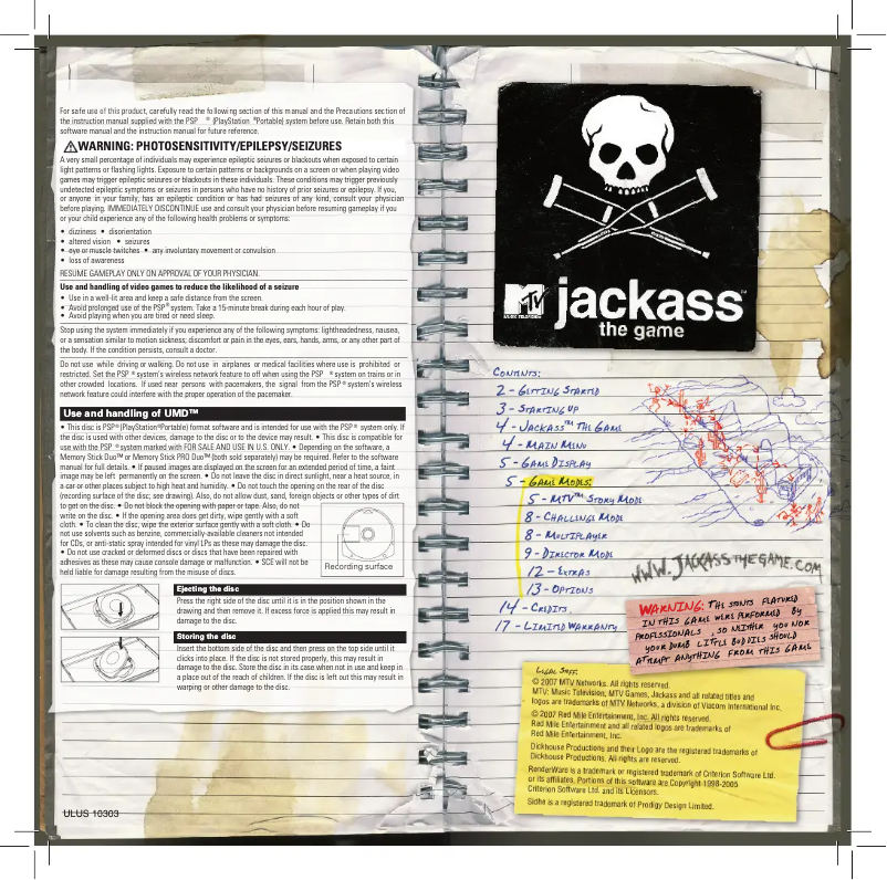 Imagen de la primera página del manual del dispositivo Jackass - The (PSP)