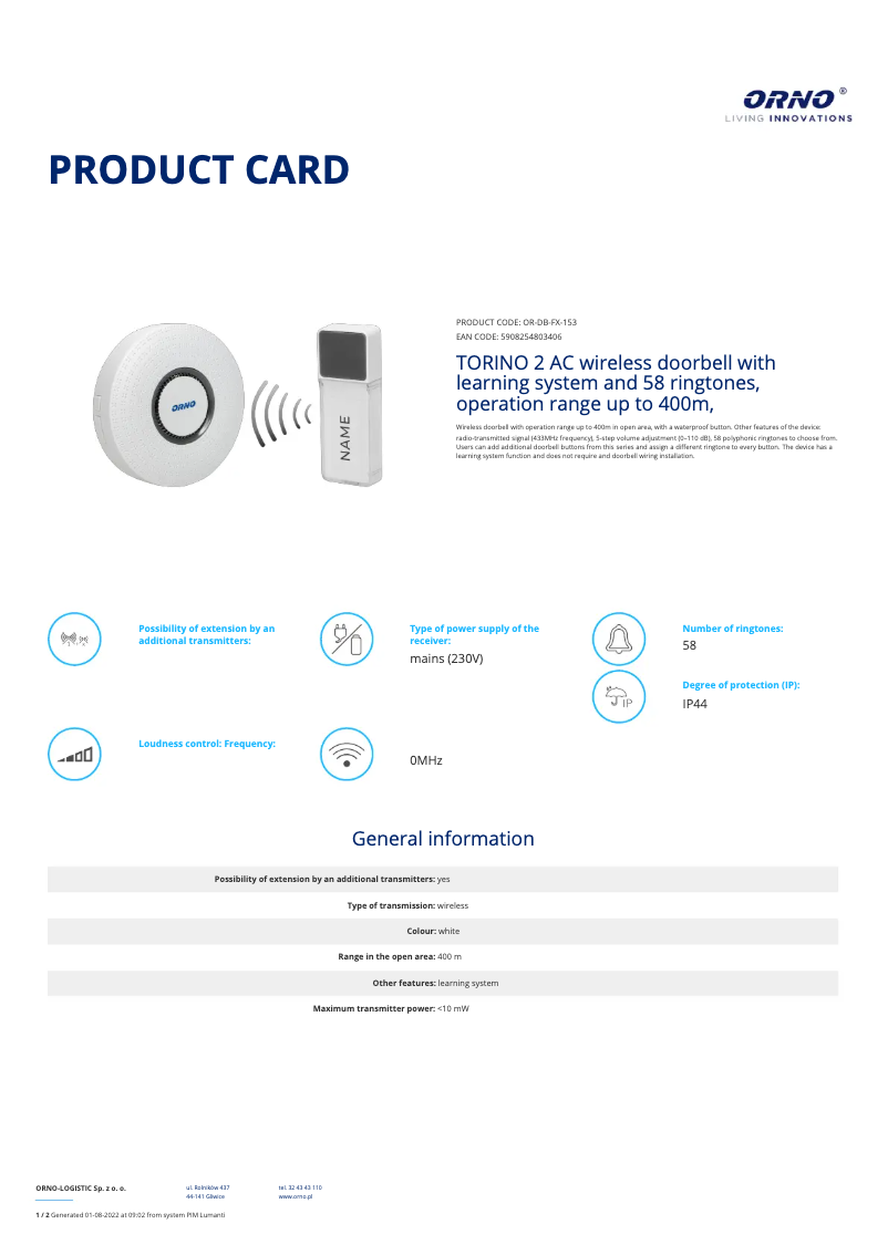 Imagen de la primera página del manual del dispositivo OR-DB-FX-153