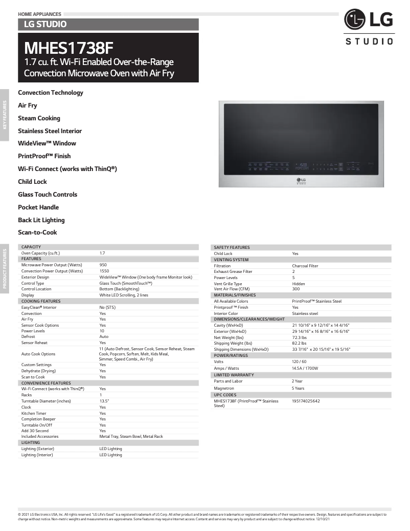 Página 1 del manual Ficha técnica LG MHES1738F