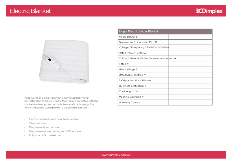 Página 1 del manual Ficha técnica Dimplex DHDEPS
