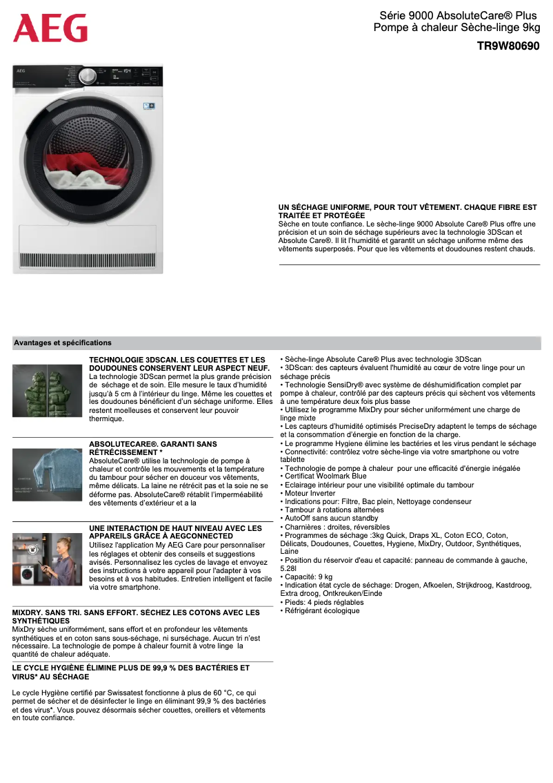 Página 1 del manual Ficha técnica AEG TR9W80690