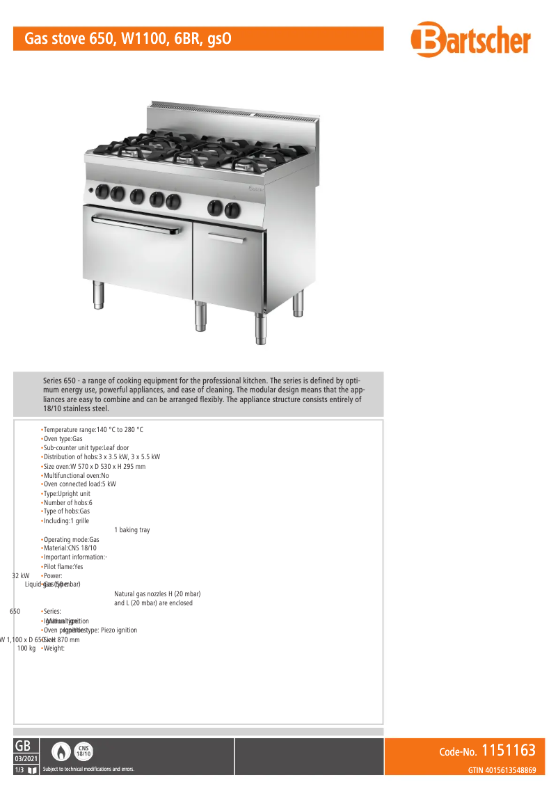 Página 1 del manual Ficha técnica Bartscher 1151163