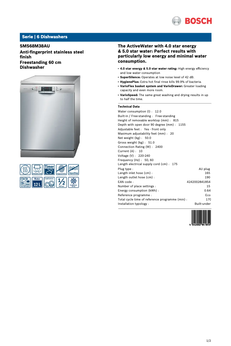 Página nº 1 - Ficha técnica Bosch SMS68M38AU