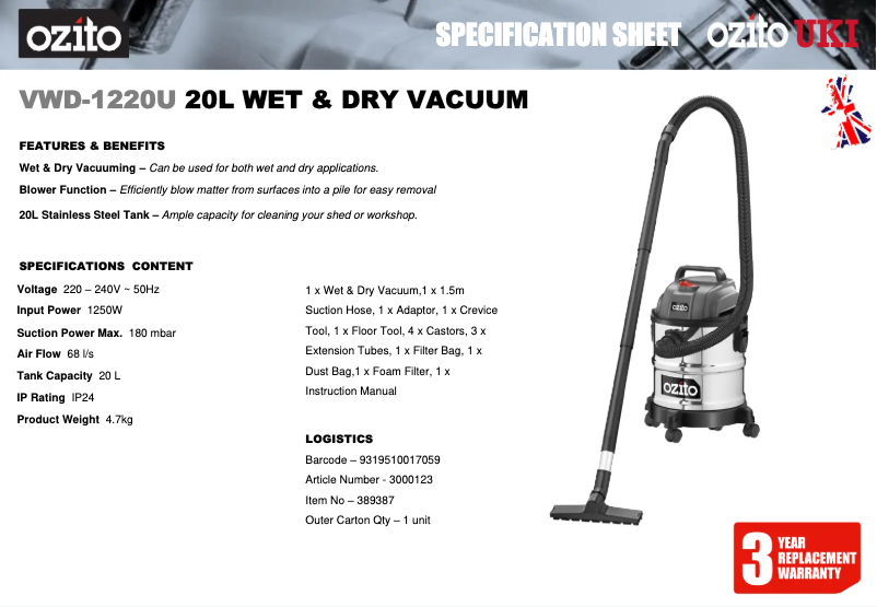 Página nº 1 - Ficha técnica Ozito VWD-1220U