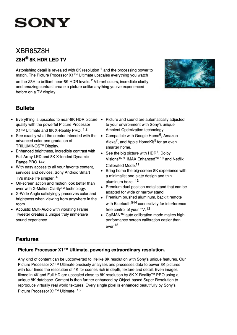 Imagen de la primera página del manual del dispositivo XBR-85Z8H