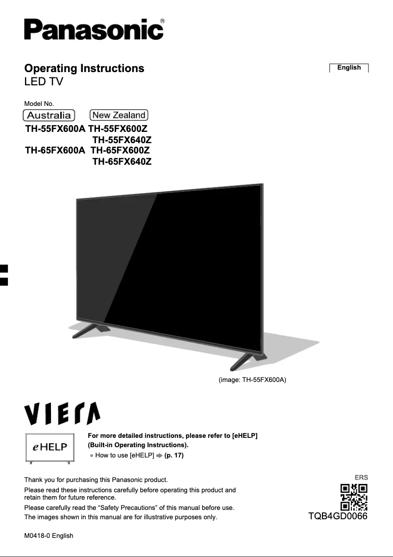 Imagen de la primera página del manual del dispositivo TH-65FX600A