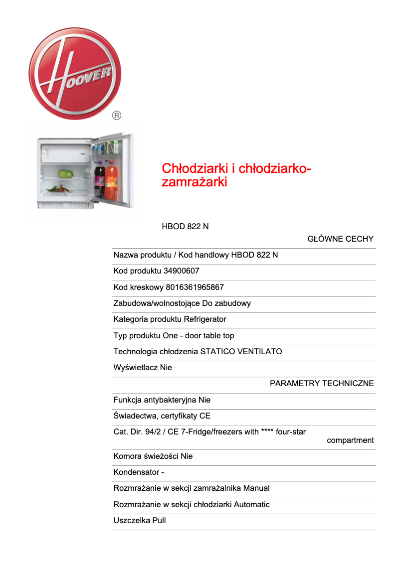 Página 1 del manual Ficha técnica Hoover H-FRIDGE 300 Mini HBOD 822 N