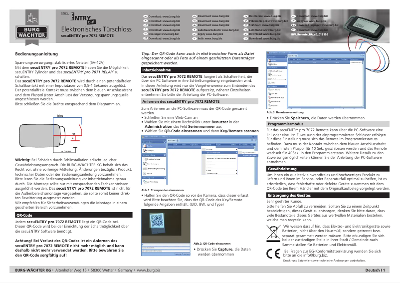 Página 1 del manual Manual de usuario Burg Wächter ENTRYpro 7072 REMOTE