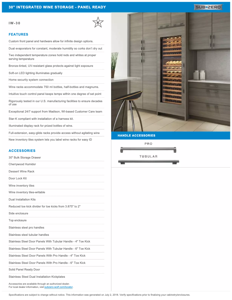 Página 1 del manual Ficha técnica Sub-Zero IW-30A-RH