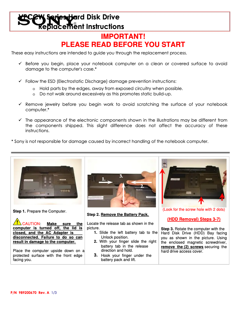 Imagen de la primera página del manual del dispositivo VPCCW190S