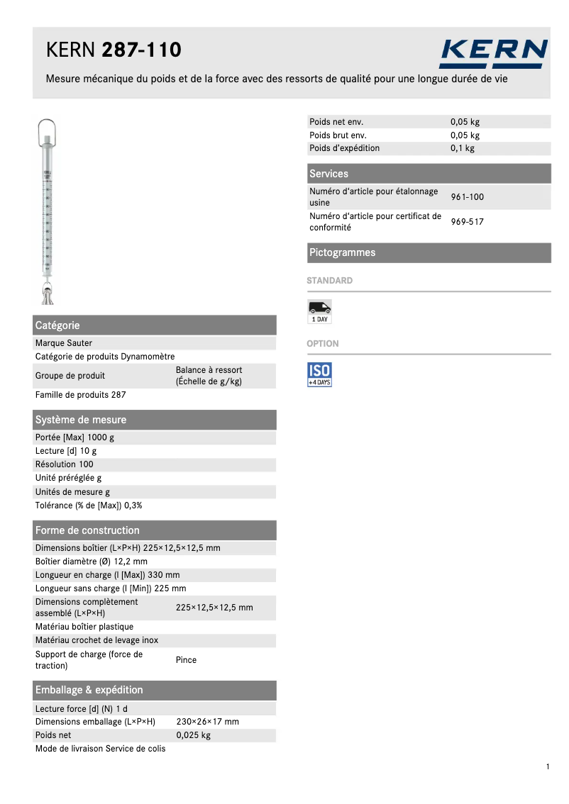Página 1 del manual Ficha técnica Kern 287-110