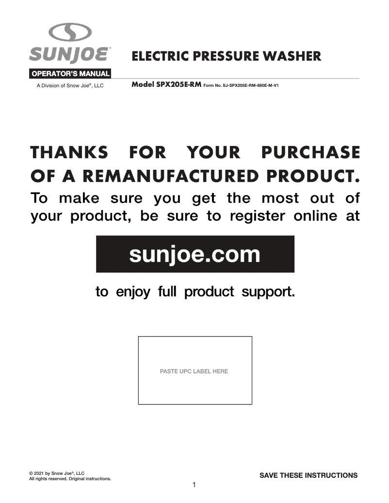 Página nº 1 - Manual de usuario Sun Joe SPX205E-RM