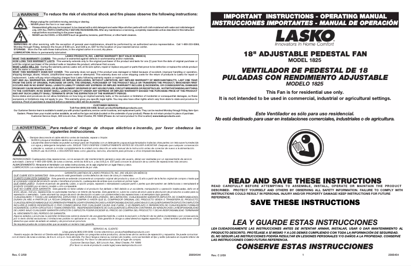 Página 1 del manual Manual de usuario Lasko 1825