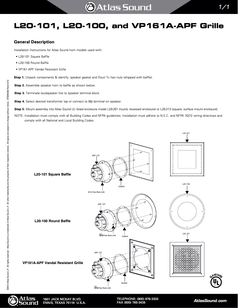 Página 1 del manual Manual de usuario Atlas Sound L20-101