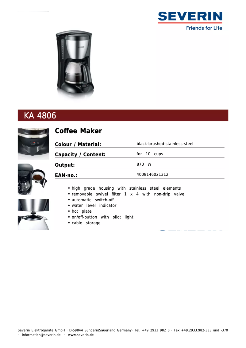 Página 1 del manual Ficha técnica Severin KA 4806