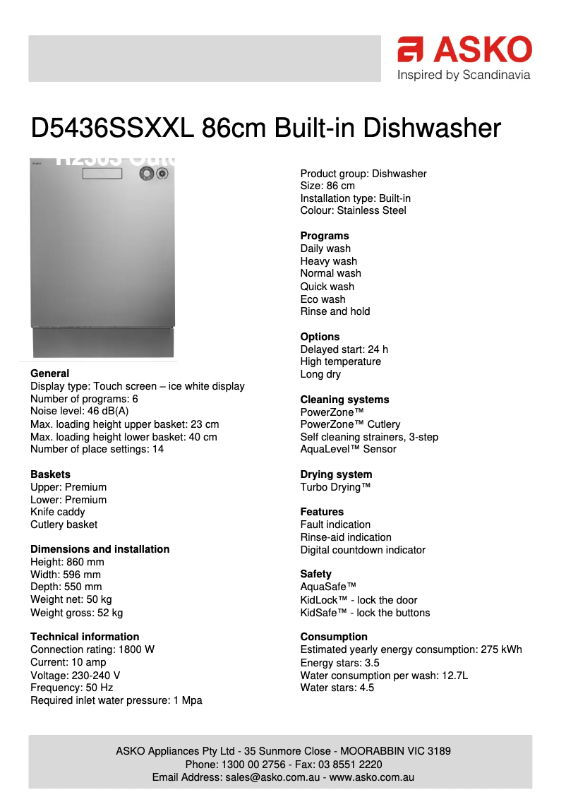Página nº 1 - Ficha técnica Asko D5436SSXXL