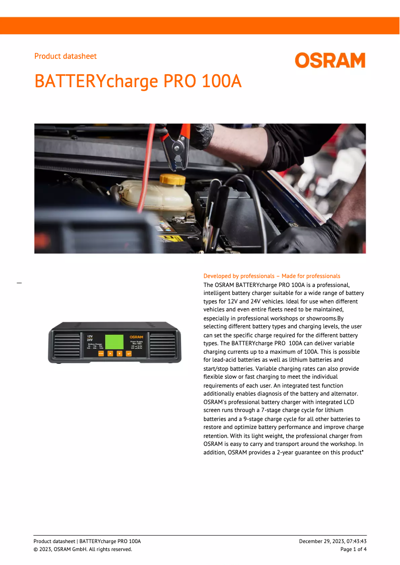 Página 1 del manual Ficha técnica Osram BATTERYcharge PRO 100A