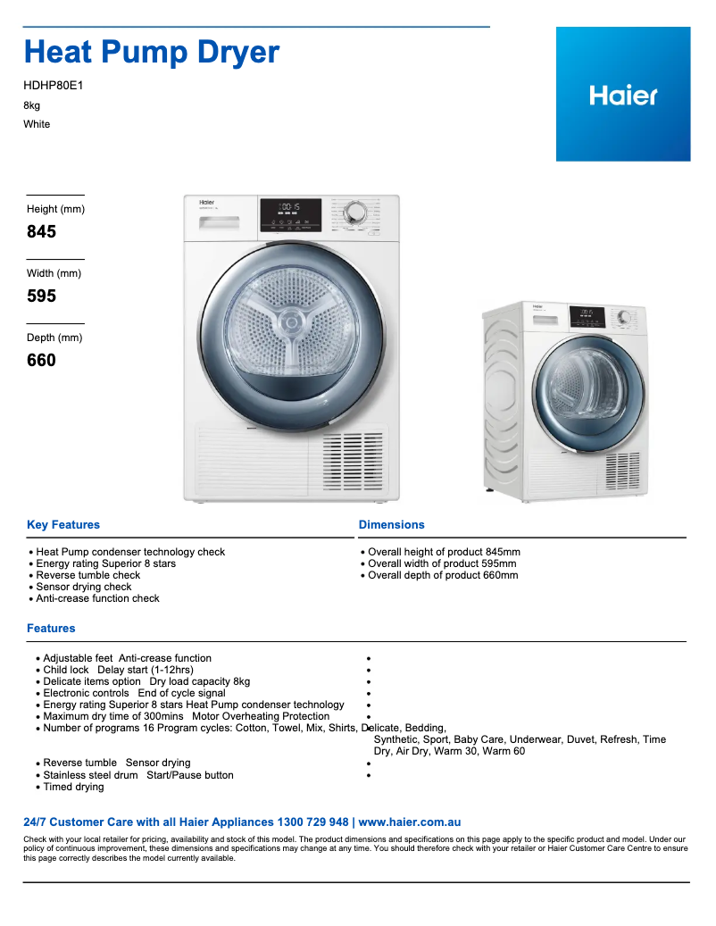 Página 1 del manual Ficha técnica Haier HDHP80E1