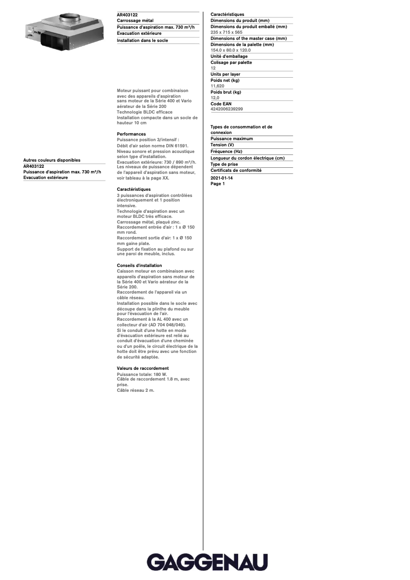 Página 1 del manual Ficha técnica Gaggenau AR403122