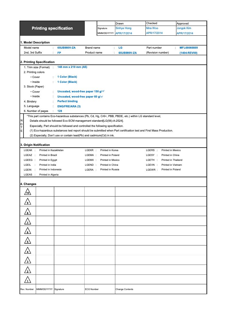 Imagen de la primera página del manual del dispositivo 65UB950V