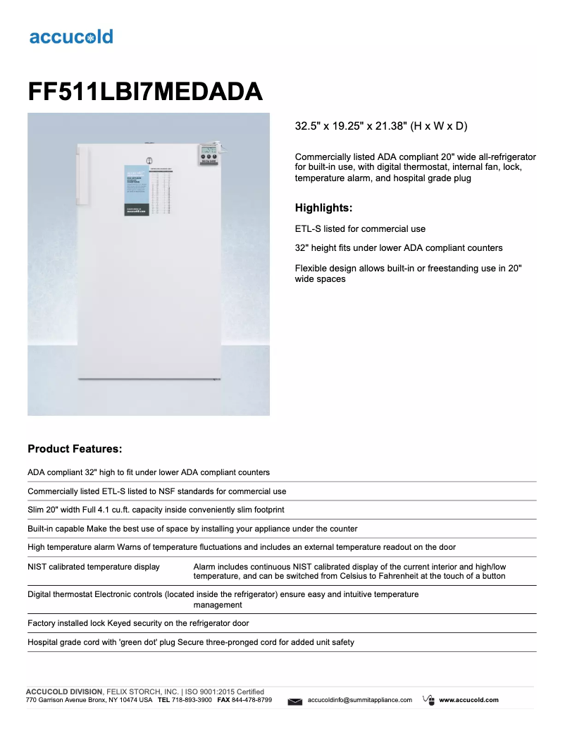 Página 1 del manual Ficha técnica Summit Accucold FF511LBI7MEDADA