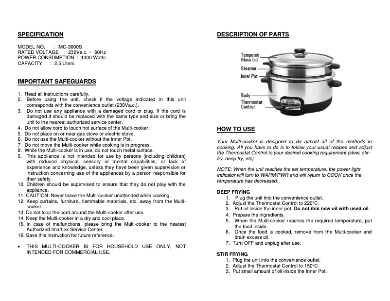 Imagen de la primera página del manual del dispositivo IMC-3600S