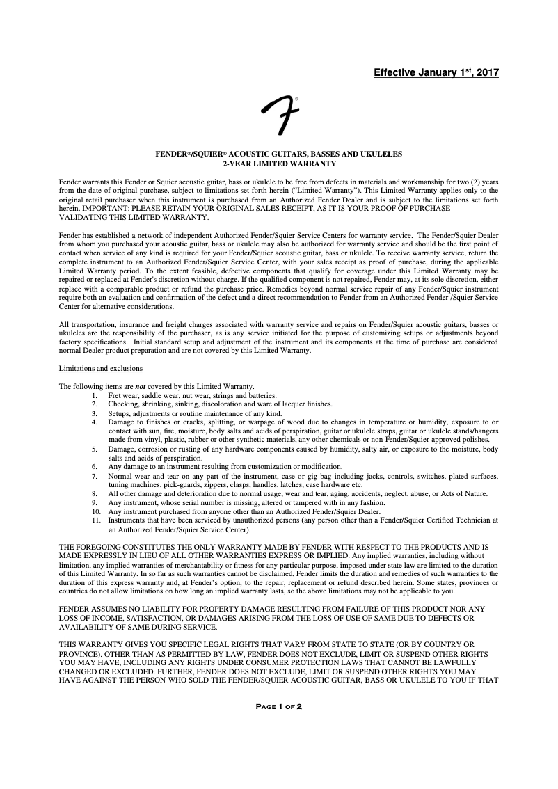 Página nº 1 - Información de garantía Fender CN-60S
