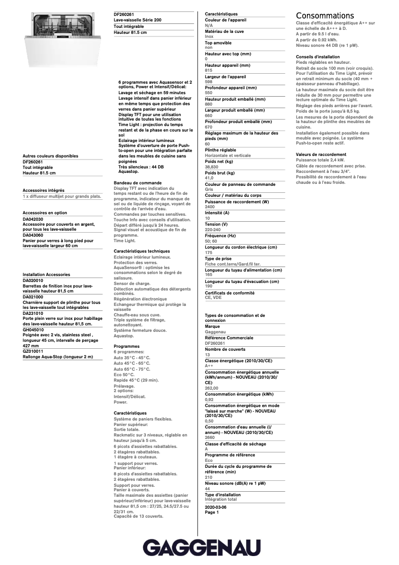 Página 1 del manual Ficha técnica Gaggenau DF260261