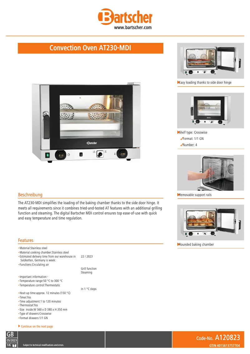 Página 1 del manual Ficha técnica Bartscher AT230-MDI