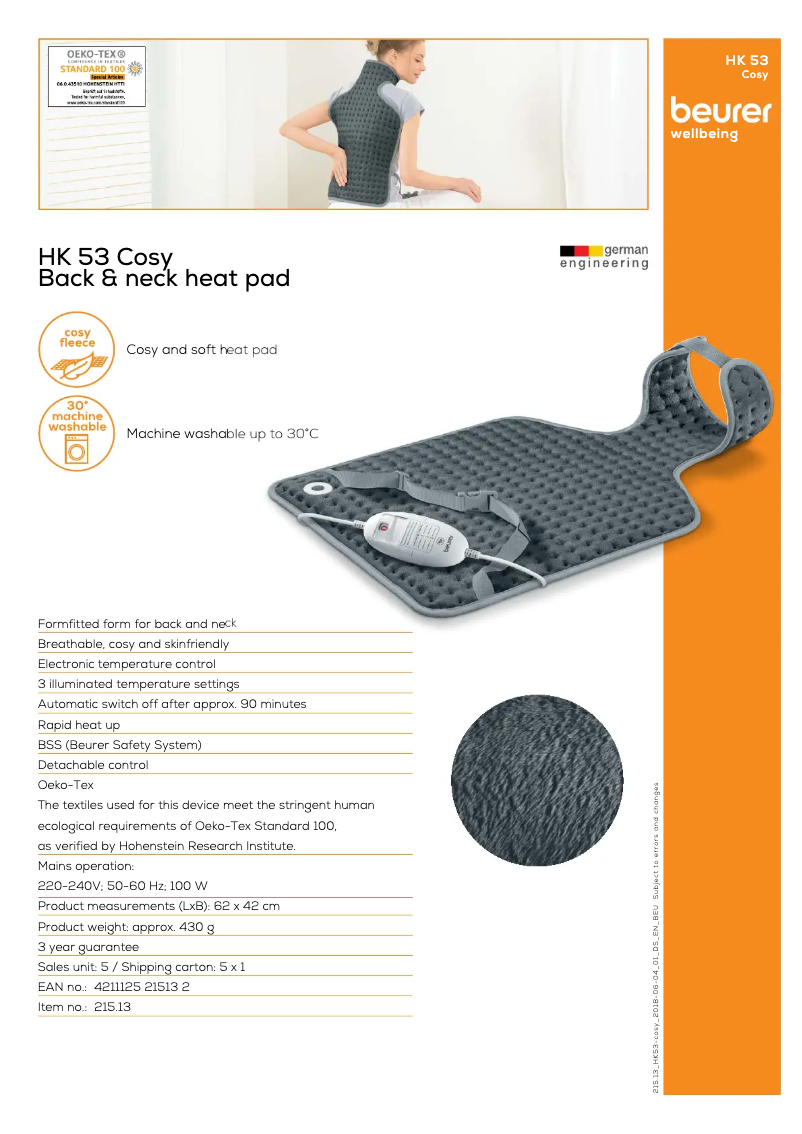 Página 1 del manual Ficha técnica Beurer HK 53 Cosy