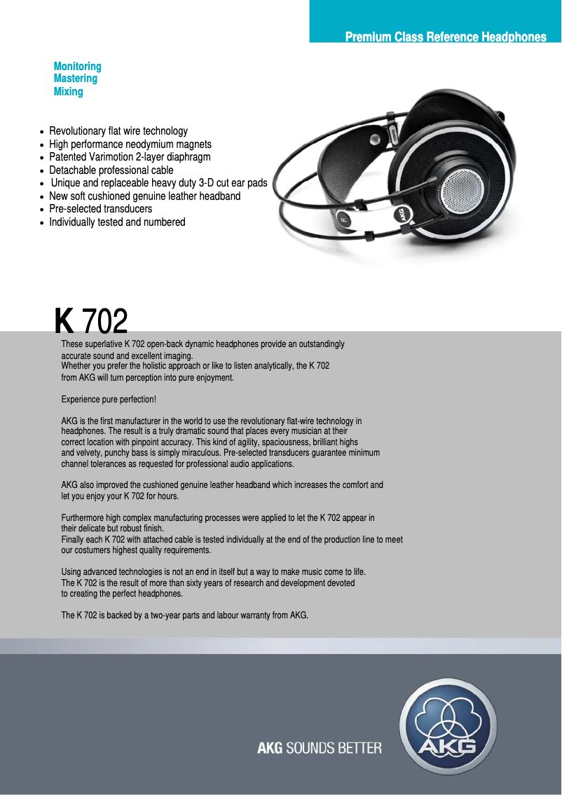 Página 1 del manual Ficha técnica AKG K702