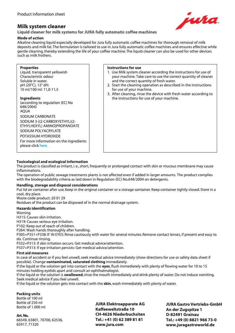 Imagen de la primera página del manual del dispositivo Milk System Cleaner