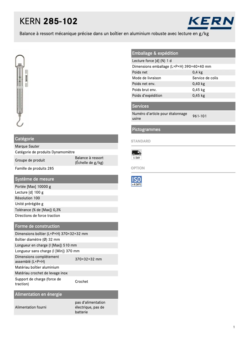 Página 1 del manual Ficha técnica Kern 285-102